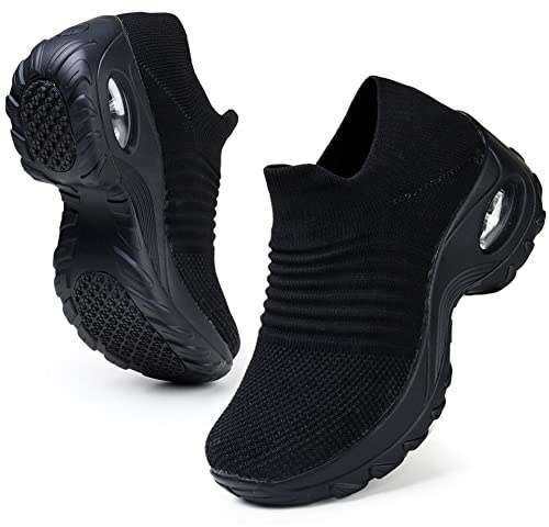 HKR Womens Walking Tennis Shoes Slip On Light Weight Mesh Platform Nursing Shoes Cushioned Sneakers All Black US 7(1839 EU 38)