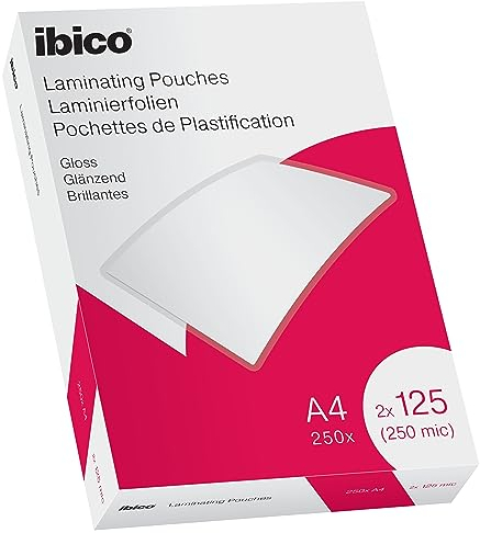 Ibico Laminierfolien A4 250 Mikron (2 x 125 mic), 100 Stück, Glänzende Heißlaminierfolien, Abgerundete Ecken, Ideal für Büro oder Schule, Transparent, Kristallklar, 627318