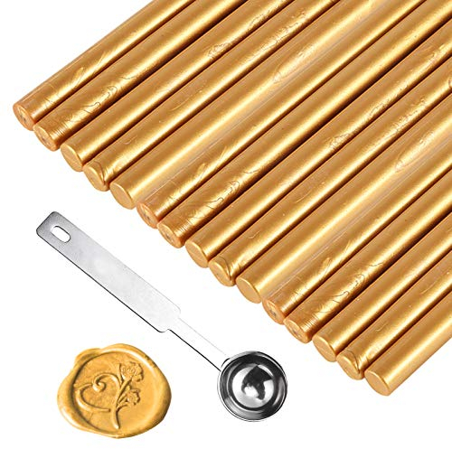 15 Stück Siegel Stempel Wachs Sticks Klebe Pistole Siegellack Wachs Sticks mit Wachsschmelzlöffel Wachsversiegelungsstifte für Siegelstempel Hochzeitseinladungskarten Umschläge Geschenkverpackung gold