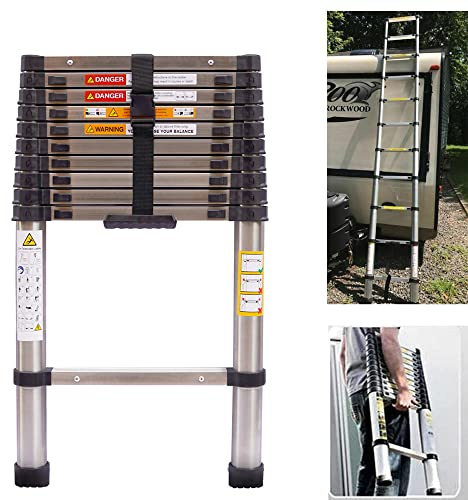 Escalera telescópica de 3,2 m, de acero inoxidable, extensible, antideslizante, 11 peldaños, portátil, multiusos, resistente, soporta hasta 150 kg, EN131