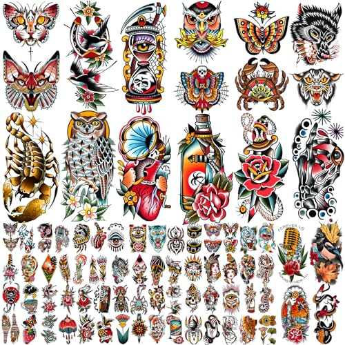 Yazhiji 77 Sheets Waterproof Fake Tattoos for Men or Women 17 Larger Half Sleeve Owl Peony Snake Temporary Tattoos for Boys or Girls and 60 Sheets Flowers Tattoo Stickers