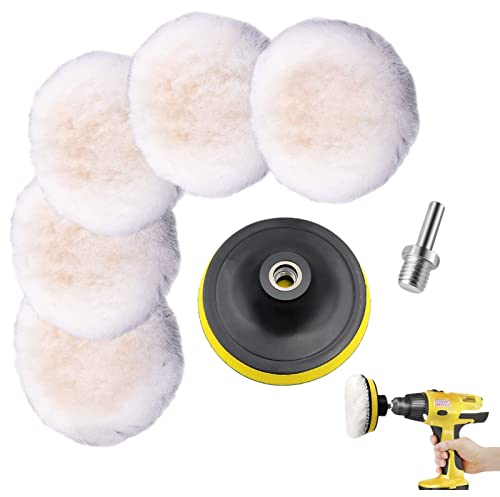 Liekadijiae 5 Stück Auto Polierhaube, 125mm Polierschwamm, Polierpad, Polierschwamm 125mm Klett, Wolle Polierteller Set, Wolle Pad mit Pad Polierscheibe und M10 Bohrer Adapter für Auto Polierauto