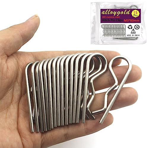 Alloygold 15Pcs Heavy Duty Hitch Pins Clip R Clips Cotter Pins, Stainless Steel Spring Retaining Wire Hair Pins， Large for Trailer Tractors Mower Carts Truck Pin Clip，Strong Spring Tension M3x60mm