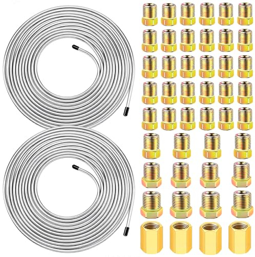 smseace 2 Sets 25 FT 3/16 Brake Line Kit with Brake Lines Fittings,4 Sets 3/8 Inch-24 Threads Nuts and Unions,32Pcs 7/16 Inch-24,1/2 Inch-20,9/16 Inch-18 Thread Nut Zinc Coated