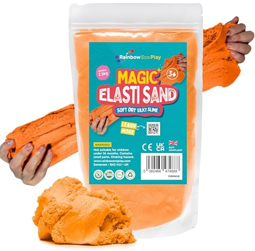 Rainbow Eco Play - Magic Play Sand for Kids – Elasti - 2.5kg - Childrens Eco-Friendly Non-Toxic Natural Coloured Sand - Sensory Magnetic Moon Kenetic Elastic – Orange
