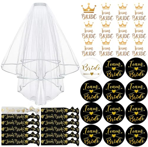 TZEKING 37 Piezas Despedida de Soltera Accesorios,Chapas Alfileres Despedida de Soltera,11 Team Bride Chapas, 1 Bride Chapas,Velo Novia Despedida, 12 Tatuajes,12 Pulseras,Accesorios Despedida Equipo