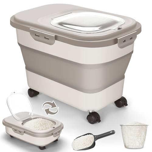 Dog Food Storage Container, 20Lbs Rice Storage Container Dispenser, Airtight Large Pet Cat Food Bin with Wheels, Scoop & Measuring Cup, Collapsible Kitchen Dry Food Holder for Four Sugar Cereal Kibble