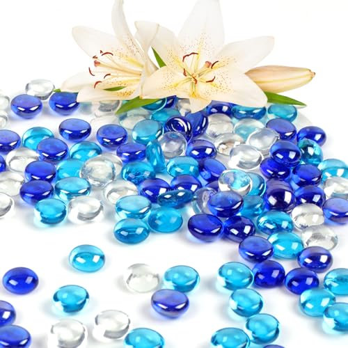 Deepton Piedras de cristal, 150 piedras de cristal para jarrones, piedras de cristal de colores, piedras de cristal azules, piedras de cristal decorativas, piedras planas, cuentas de cristal