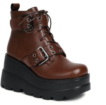 HXTYXCQ Mujer Tacón De Cuña Piel Botines Cordones Plataforma Botas De Combate Punta Redonda Botines Punk Góticos con Hebilla,Marrón,38 EU