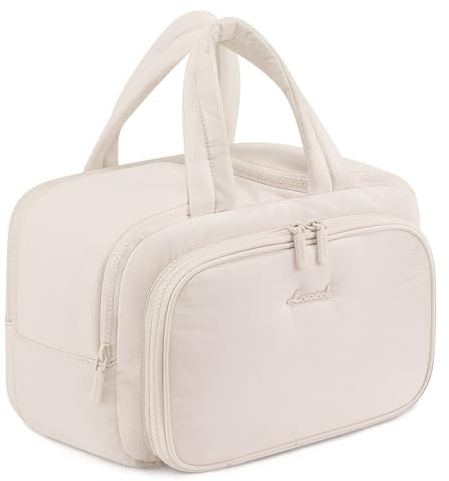 LOVEVOOK necessär dam Stor lätt resesminkväska Kulturväska med brett öppet fack vattentät tvättväska sminkväska skönhetsväska med handtag för resor semester, Beige, L, avslappnad