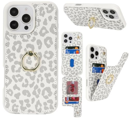 Cavor Phone Case compatible with iPhone 16 Pro Case With Card Holder,Flip Leather Wallet Case,Buckle Metal Ring Shockproof Cover Case compatible with iPhone 16 Pro - White Leopard
