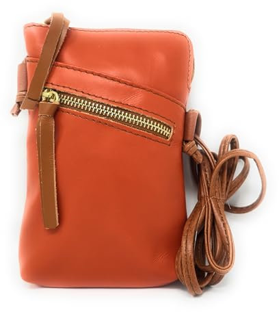 Monahay Vera Pelle MH9723 Umhängetasche aus echtem italienischem Leder, Mini-Größe, Umhängetasche, Orange/Hellbrauner Riemen