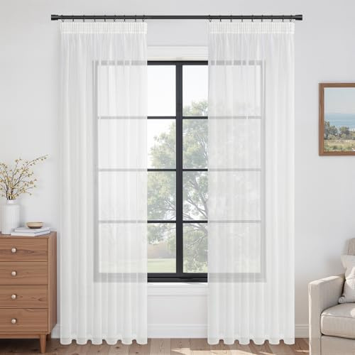 Topfinel Gardinen Weiße Transparent Vorhänge Vorhang übergardinen mit kräuselband Vorhangschals Ösenvorhang Deko Kinderzimmer Schlafzimme 140x250cm Schlaufenschal 2er Set