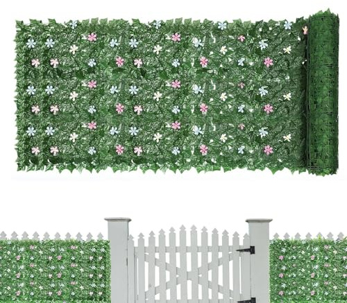 Künstlicher Efeu Sichtschutzzaun 3x1m mit Blüten, UV-beständiger Balkon Sichtschutz Rollo für Privatsphäre & Belüftung, Ohne Bohren für Terrasse Garten Haustierbereich