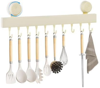Sampoes Barre Cuisine Ustensile avec Ventouse, Support Ustensiles Cuisine avec 10 Crochets, Porte Ustensiles Cuisine Mural en Acier au Carbone, 20 kg Capacité, pour Salle de Bain, Salon, Beige