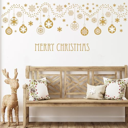 Merry Christmas Wall Decals Xmas Ball Snowflake Wall Stickers Winter Home Wall Art Decor for Kids Room Classroom Office Bedroom Living Room Playroom Decor (Yellow)