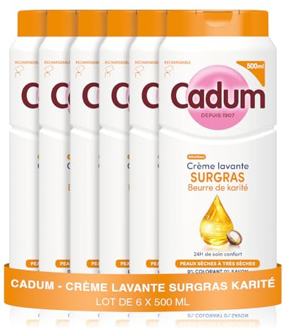 Cadum Crème Lavante Surgras Peaux Sèches Karité Amande Douce Lot 6x500ml | Réduit sécheresse -39% en 24h, Testée dermatologiquement, pH neutre sans savon, Flacon 70% plastique recyclé