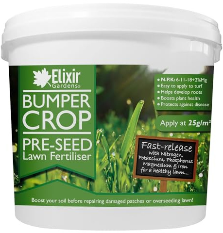 Elixir Gardens Bumper Crop Pre-Seed Lawn/Turf Fertiliser 2.5kg Tub | Grass Seed Starter & Soil Prep for Overseeding & Patch Repair with Magnesium & Iron | N.P.K: 6-11-18 + 2% Mg + 0.6% Fe