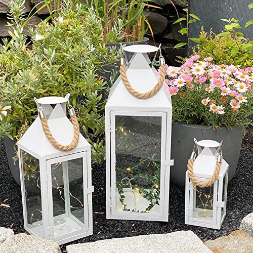 INDA-Exclusiv - Set di 3 lanterne da giardino XL, in metallo, con manico in corda, 25/40/51 cm, colore: bianco