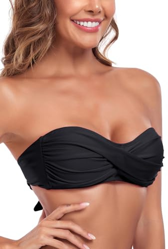 Ocean Blues Women's Black Strapless Swimsuits for Women Bandeau Bikini Top Tie Back Halter Bathing Suit Top Suit Top Size Small