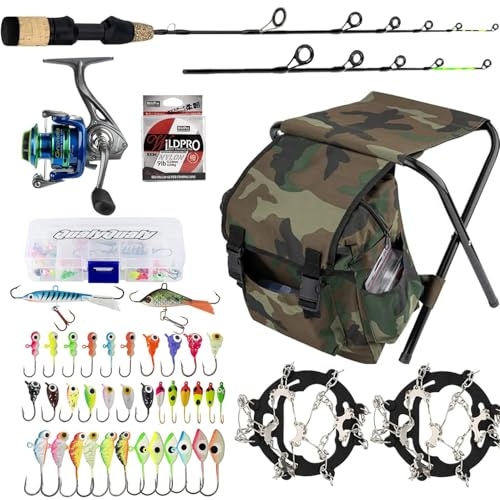 QualyQualy Ice Fishing Rod Reel Combo Complete Set Ice Fishing Gear with Backpack Seat Ice Cleats Ice Fishing Jigs Line Full Ice Fishing Kit