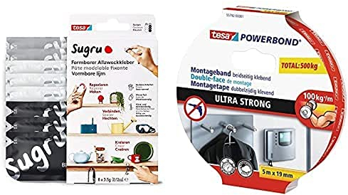 Sugru by tesa - Formbarer Allzweckkleber, 8er-Pack, 8 x 3,5 g, Schwarz, Weiß&Grau & tesa Powerbond ULTRA STRONG - Doppelseitiges, extra starkes Montageband zur permanenten Befestigung - 5 m : 19 mm