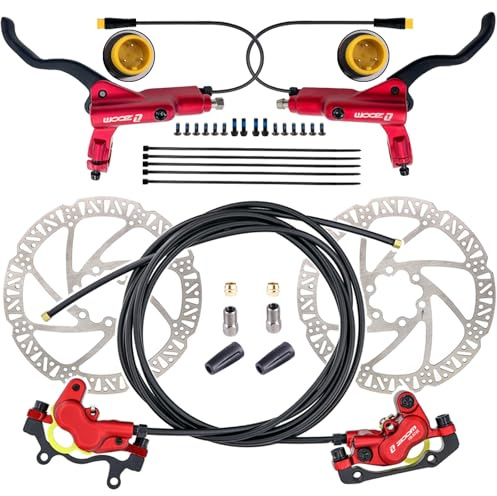 CooMeng Zoom HB876E 3-PIN 4-Pistons E-Bike Electric Power-Off Hydraulic Brake Set with 180mm Rotors, Pre-Bled Hydraulic Disc Brake Caliper Lever for eBike (Included Mounting Adapter) - Red