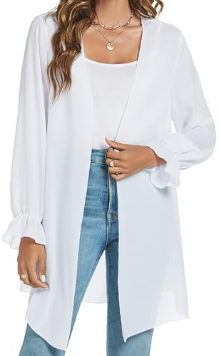 Famrrifuu Gilet Long Léger Femme Cardigan Cache Maillots Plage à Manches Longues Ouverte Élégant Veste Kimono,Blanc,L