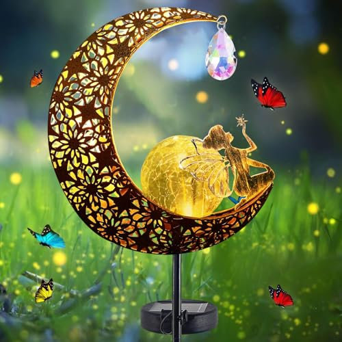 Sunshine smile Lampe solaire de jardin en forme de lune - Lampe solaire d'extérieur - Boule en verre - Décoration de jardin pour cour, pelouse, fée des fleurs - Lampe solaire avec piquet de terre -
