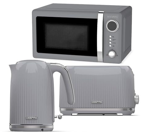 Geepas Electric Kettle 2 Slice Bread Toaster & Microwave Kitchen Set | 3000W 1.7L Textured Cordless Kettle | 2 Slice Toaster with 7 Level Browning Control | 700W Digital Microwave 20L, Grey