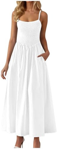 Zeiayuas Shirred Dress for Women UK Clearance Square Neck Strappy Summer Dresses Elegant Spaghetti Strap Plain Maxi Dress Bohemian Beach Holiday Vacation Flowy Long Dresses with Pockets White