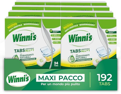 Winni's - Pastiglie per Lavastoviglie, 192 Tabs, Detersivo Multiazione Detergente, Sgrassante, Antiodore e Brillantante, Fragranza di Limone, con Materie Prime di Origine Vegetale, Confezione da 8