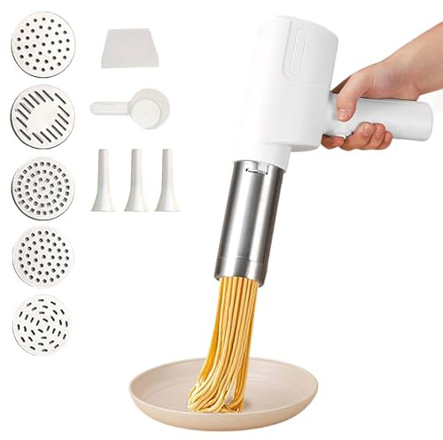 Máquina de Pasta Eléctrica - Prensa de Pasta Eléctrica 1500mah, Máquina de Pasta Eléctrica de Mano, con 5 Accesorios, Maquina Maquina Para Hacer Pasta, 5 Moldes, Blanco
