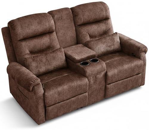 IUXPAM 2-Sitzer Relaxsessel mit 140° Liegefunktion, Manuell Verstellbarer Fernsehsessel mit Mittelkonsole, Stauraum & Getränkehaltern, Kinosessel mit Kissen für Wohnzimmer & Heimkino（Braun）