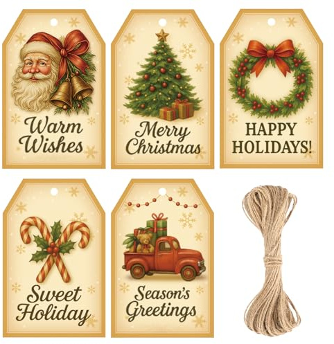jijAcraft 50Pcs Vintage Christmas Tags: 8.5x5.5cm Brown Retro Xmas Gift Tags, Traditional Christmas Presents Labels for Gift Wrapping, DIY Crafts, Xmas Decoration