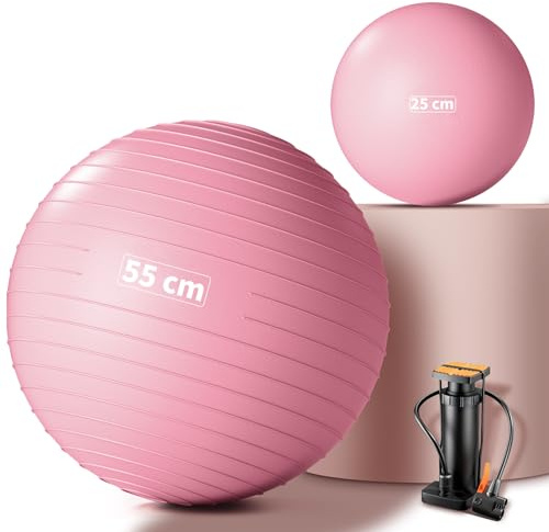 Lureon Pelota de Gimnasia 55/65/75 cm + Pelota Pilates 25 cm – Balón Yoga Engrosado, Antiexplosión & Antideslizante, Fitball para Hogar, Oficina, Fitness, Yoga & Embarazada (Rosa, 55 + 25 cm)