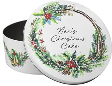 Purely Home Personalised Christmas Wreath Cake Tin - Festive Foliage Kitchen Bakeware Gifts - Small Round Metal Storage Container for Baking 18 x 7cm