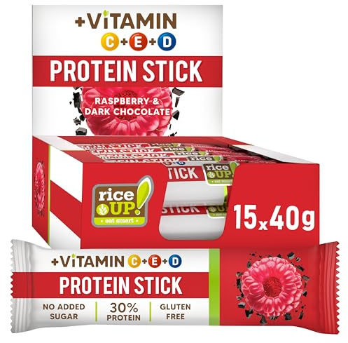 RiceUP! Barretta proteica vitaminica al lampone e cioccolato fondente | Barretta proteica al 30% con vitamine C, D ed E |Senza zuccheri aggiunti | Senza glutine | Senza olio di palma | 15 x 40 g