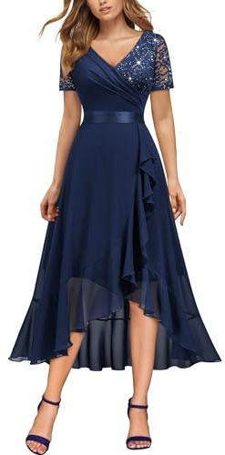MIUSOL Women's Elegant V-Neck Lace Sequin Chiffon Wedding Guest Formal Evening Party Dress