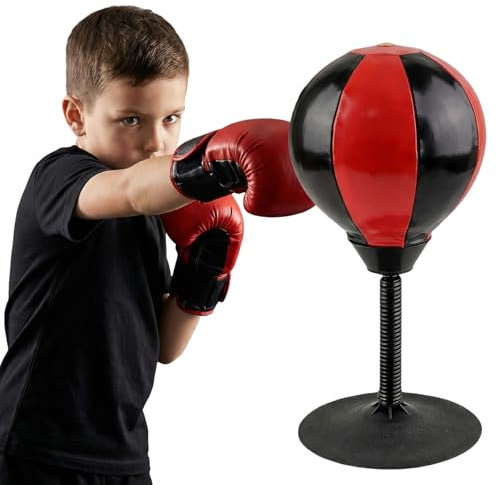 Sac De Frappe De Bureau: Punching-Ball De Table, avec Ventouse Pompe à Air, Gants, Sac De Boxe à Ventouse Super Résistant pour Soulager Le Stress Au Bureau, à La Maison Ou à L’école (Noir/Rouge)