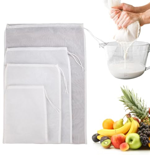 FIMWOLZ 4 Pezzi Sacchetti per Latte di Noci Riutilizzabili, Filtri in Nylon a Maglia Fine, Biologici Lavabili con Coulisse per Formaggio, Caffè, Yogurt, Succhi di Frutta (Quattro Dimensioni)
