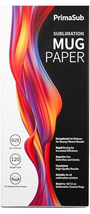 PrimaSub, Vibrant 10/11oz Mug Sublimation Paper, 100 Sheets, 120GSM, 102mm x 241mm, Compatible with Epson, Sawgrass, Ricoh and Brother Printers - Rapid Drying with Superior Definition