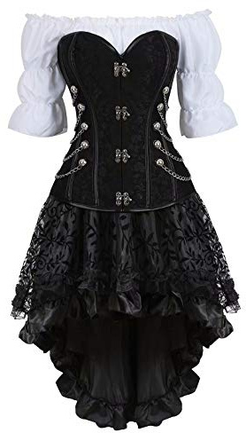 Corset Steampunk Mujer Bustier Vestidos Sexy gotico Pirata Bordado Cuero Blanco Blusa Fiesta 3 Piezas Negro S