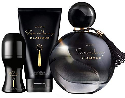 Avon Far Away Glamour Duftset Eau de Parfum/Bodylotion/Deoroller schwarze Beeren/Vanille/Praline/schwarzer Moschus