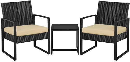 Yaheetech Set Mobili da Giardino in Poly Rattan 2 Sedie e Tavolino da Balcone con Cuscini Esterno Interno