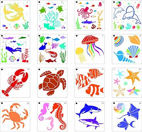 16-teiliges Sea Ocean Creatures Schablonen-Set, Meerestier-Malschablonen, wiederverwendbare Kunststoff-Zeichenschablonen, Meerestier-Malvorlagen für Heimwerker, Heimdekoration, Holzwandfarbe