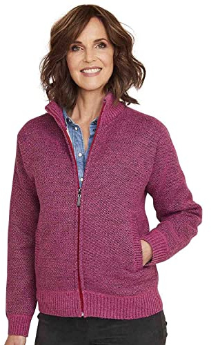 Amber Ladies Knitted Fleece Lined Zip Cardigan with Faux Fur Inner, Long Sleeve Outerwear (Sizes 10–26) Raspberry 12-14