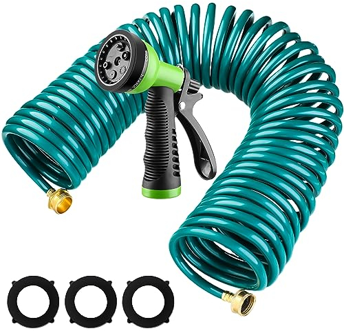 Pangda 50 Ft x 3/8'' Coil Garden Hose EVA Recoil Garden Self Coiling Expanding Water Hose with 6 Function Spray Nozzle Universal 3/4'' Brass Connector Fitting for Outdoor Yard(Green)
