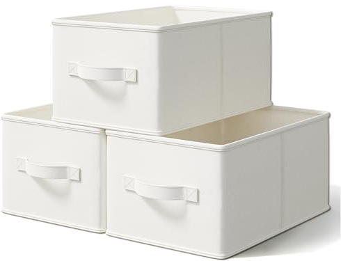 LayerSpace 3 Pack Fabric Storage Bins for Shelves | 14¾ L*10¼ W*8¼ H Closet Storage Bins | Collapsible Closet Organizers for Clothes | Linen Clothes Bins | White & Ivory