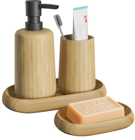 Asashizen Retro Bambus Badaccessoires Set, 4-teilig, Seifenschale, Seifenspender, Tablett, Mundspülbecher für Zuhause, Büro, Hotel, Badezimmer-Zubehör-Set